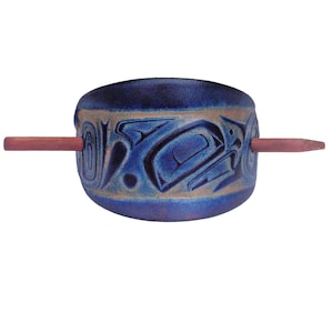 Blue Orca Whale Leather Hair Barrette With Stick - Northwest Native Design - Danny Dennis Leather Art - Leather Hair Slide - Hair Accessory