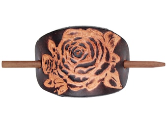Brown Desert Rose Leather Stick Barrette - Leather Hair Pin - Flower design Hair Slide - Floral print hair accessory - Gift for her - Rose