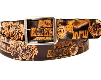 Seattle "Pike Place Market" Leather Belt with snap/gifts for him/travel gift/gifts for her/Northwest/- Valentine's Day Gift