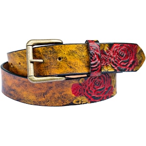 Desert Rose Leather Belt With Snaps - Country Western Leather Belt - Belt With Roses - Floral Leather Belt - Tooled Rose Belt - Rodeo Belt