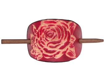 Red Desert Rose Leather Stick Barrette - Leather Hair Pin - Flower design Hair Slide - Floral print hair accessory - Gift for her - Rose