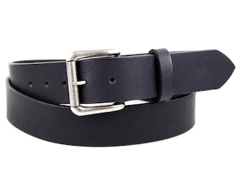 Herrbälte i matt svart läder med silverspänne - Bälte med tryckknappar - Platt svart jeansbälte - Present till honom - Casual svart läderbälte