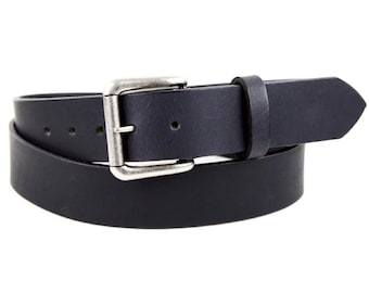 Men's Matte Black Leather Belt With Silver Buckle - Belt With Snaps - Flat Black Jeans Belt - Gift For Him - Casual Black Real Leather Belt