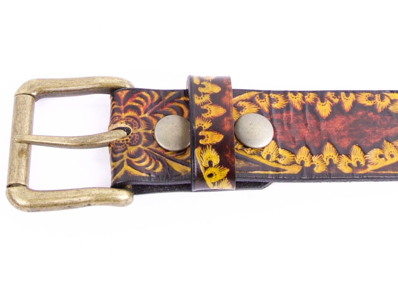 Valentine/'s Day Gift Handcrafted western floral print Good Karma Leather Belt with snap and interchangeable bucklegifts for him
