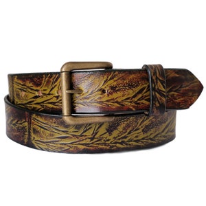 Wild Grass Tooled Leather Belt With Snaps - Green and Brown Belt - Nature Lover - Rustic Belt - Nature Themed Gift - Wheat Print