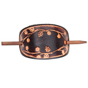 Blooming Vine Leather Stick Barrette  - Floral Print Leather Hair Pin - Leather Hair Slide - Hippie Hair Accessory - Tooled Leather Hair Pin