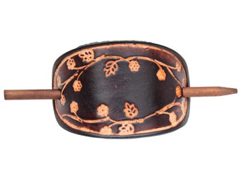 Blooming Vine Leather Stick Barrette  - Floral Print Leather Hair Pin - Leather Hair Slide - Hippie Hair Accessory - Tooled Leather Hair Pin