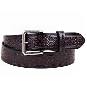 Celtic Scroll Brown Leather Belt With Snaps - Kilt belt - Celtic Design - Real Leather Belt - St. Patrick&#39;s Day Gift - Gift for Him - Irish