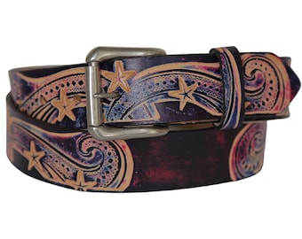 Belt With Stars - Leather Belt Snap On Buckle - Western Leather Belt Tooled - Belt With Snaps - Star Pattern - Country Western - Star Print