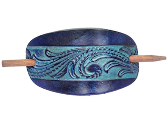 Women's Western Scroll Tooled Leather Hair Barrette - Country Western Hair Accessory - Leather Bun Wrap - Stick Barrette -Leather Hair Slide