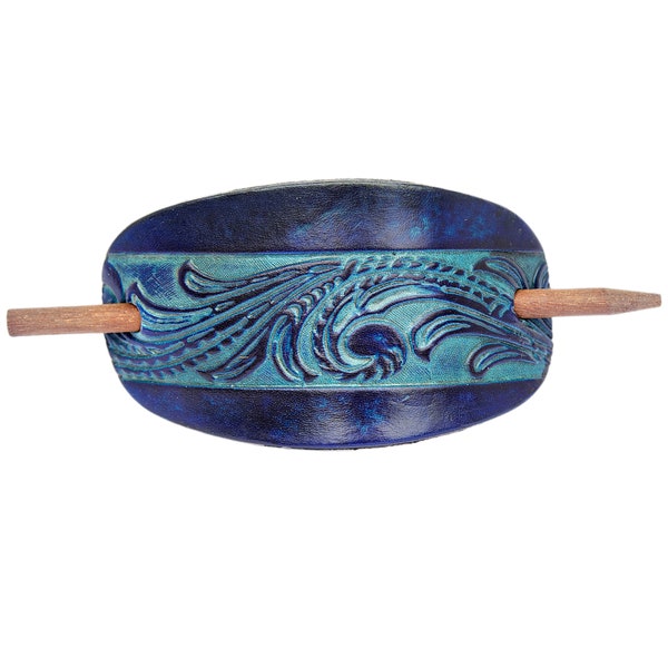 Women's Western Scroll Tooled Leather Hair Barrette - Country Western Hair Accessory - Leather Bun Wrap - Stick Barrette -Leather Hair Slide