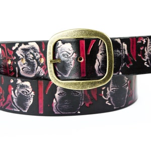 Red and Black Vintage Hollywood female faces Leather Belt with snaps/gifts for her/Tooled belt/vintage cinmea/leading ladies/Marilyn Monroe Brass Buckle