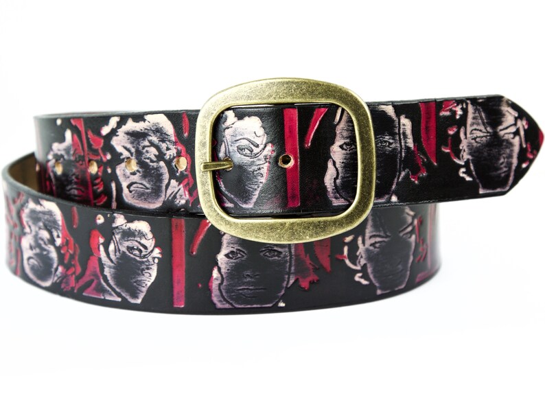 Red and Black Vintage Hollywood female faces Leather Belt with snaps/gifts for her/Tooled belt/vintage cinmea/leading ladies/Marilyn Monroe Brass Buckle