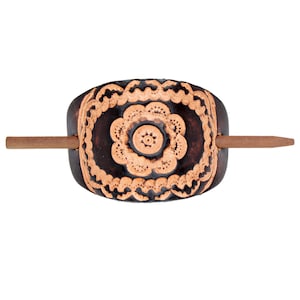 Brown Floral Mandala Print Stick Barrette - Floral Leather Hair Pin - Leather Hair Slide - Hippie Hair Accessory - Tooled Leather Hair Pin