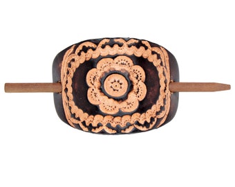 Brown Floral Mandala Print Stick Barrette - Floral Leather Hair Pin - Leather Hair Slide - Hippie Hair Accessory - Tooled Leather Hair Pin