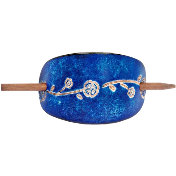 Women's La Belle Tooled Leather Hair Barrette - Floral Hair Accessory - Leather Bun Wrap - Stick Barrette - Flower Design Leather Hair Slide