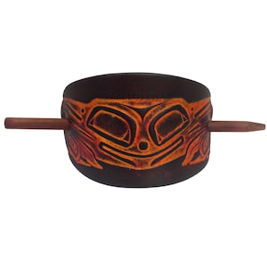 Brown Frog Leather Hair Barrette With Stick - Northwest Native Design - Danny Dennis Art On Leather - Leather Hair Slide - Hair Accessory