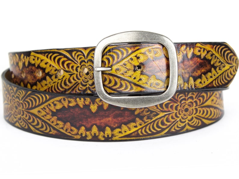 Valentine/'s Day Gift Handcrafted western floral print Good Karma Leather Belt with snap and interchangeable bucklegifts for him