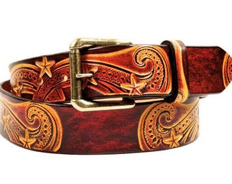 Leather Belt With Stars - Leather Belt Snap On Buckle - Western Leather Belt Tooled - Belt With Snaps - Star Pattern - Country Western