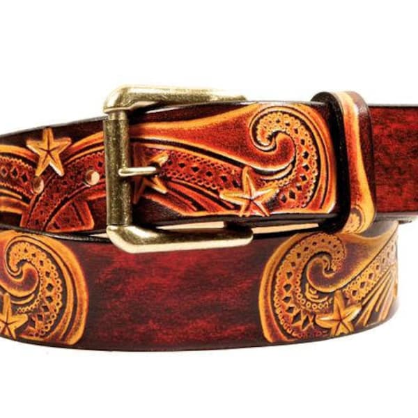Leather Belt With Stars - Leather Belt Snap On Buckle - Western Leather Belt Tooled - Belt With Snaps - Star Pattern - Country Western