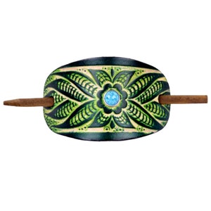 Accented Flower Power Stick Barrette - Green Floral Leather Hair Pin - Leather Hair Slide - Hippie Hair Accessory - Tooled Leather Hair Pin