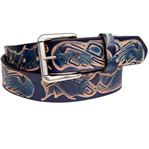 Salmon and Frog Blue Leather Belt with Northwest Native Design - Danny Dennis Art on Leather - Men's Tooled Belt With Snaps - Gift For Him