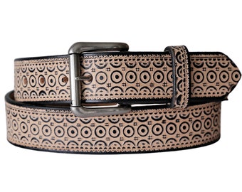 Cercles concentriques Ceinture en cuir outillé avec snaps - Ceinture en cuir noir - Ceinture en cuir réel avec motif géométrique - Ceinture cool - Cadeau pour lui