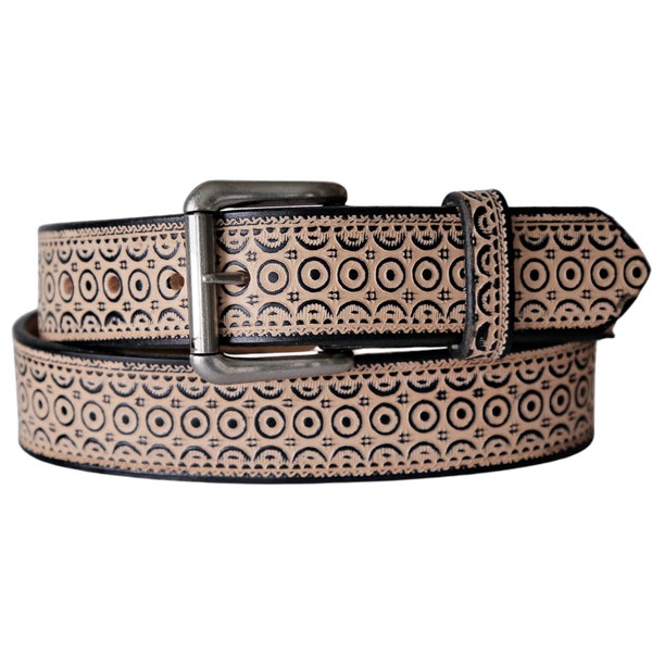 Concentric Circles Tooled Leather Belt With Snaps - Black Leather Belt - Real Leather Belt With Geometric Pattern - Cool Belt - Gift For Him