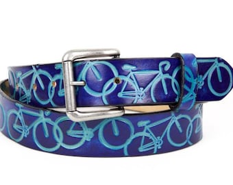 Bike Leather Snap on Belt - Bicycle Belt - Blue Bike Belt - Genuine Leather Belt with Cycle pattern - Gift For Cyclist - Bike Rider Gift