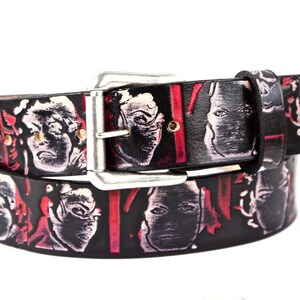 Red and Black Vintage Hollywood female faces Leather Belt with snaps/gifts for her/Tooled belt/vintage cinmea/leading ladies/Marilyn Monroe Silver roller & loop