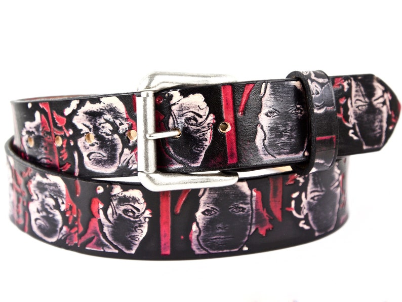 Red and Black Vintage Hollywood female faces Leather Belt with snaps/gifts for her/Tooled belt/vintage cinmea/leading ladies/Marilyn Monroe Silver roller & loop