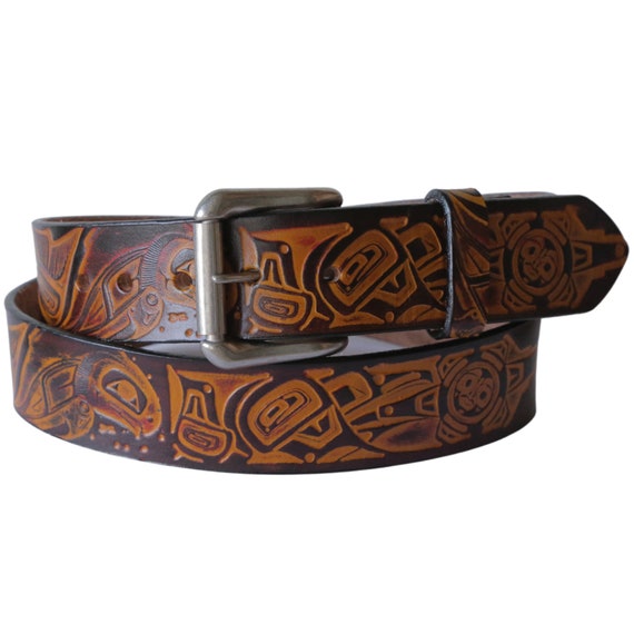 Raven and Salmon Leather Belt With Northwest Native Design - Danny