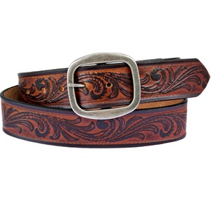 Men's Brown Western Scroll Leather Belt - Snap on Belt - Cowboy Leather Belt Tooled - Rodeo belt - Country Western Belt - Gift For Him