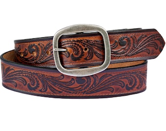 Men's Brown Western Scroll Leather Belt - Snap on Belt - Cowboy Leather Belt Tooled - Rodeo belt - Country Western Belt - Gift For Him