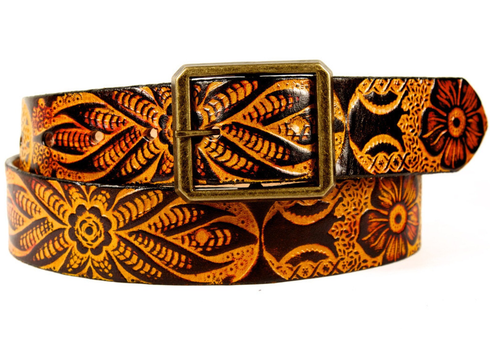 Western tooled Wildflower Leather Belt with snap Etsy