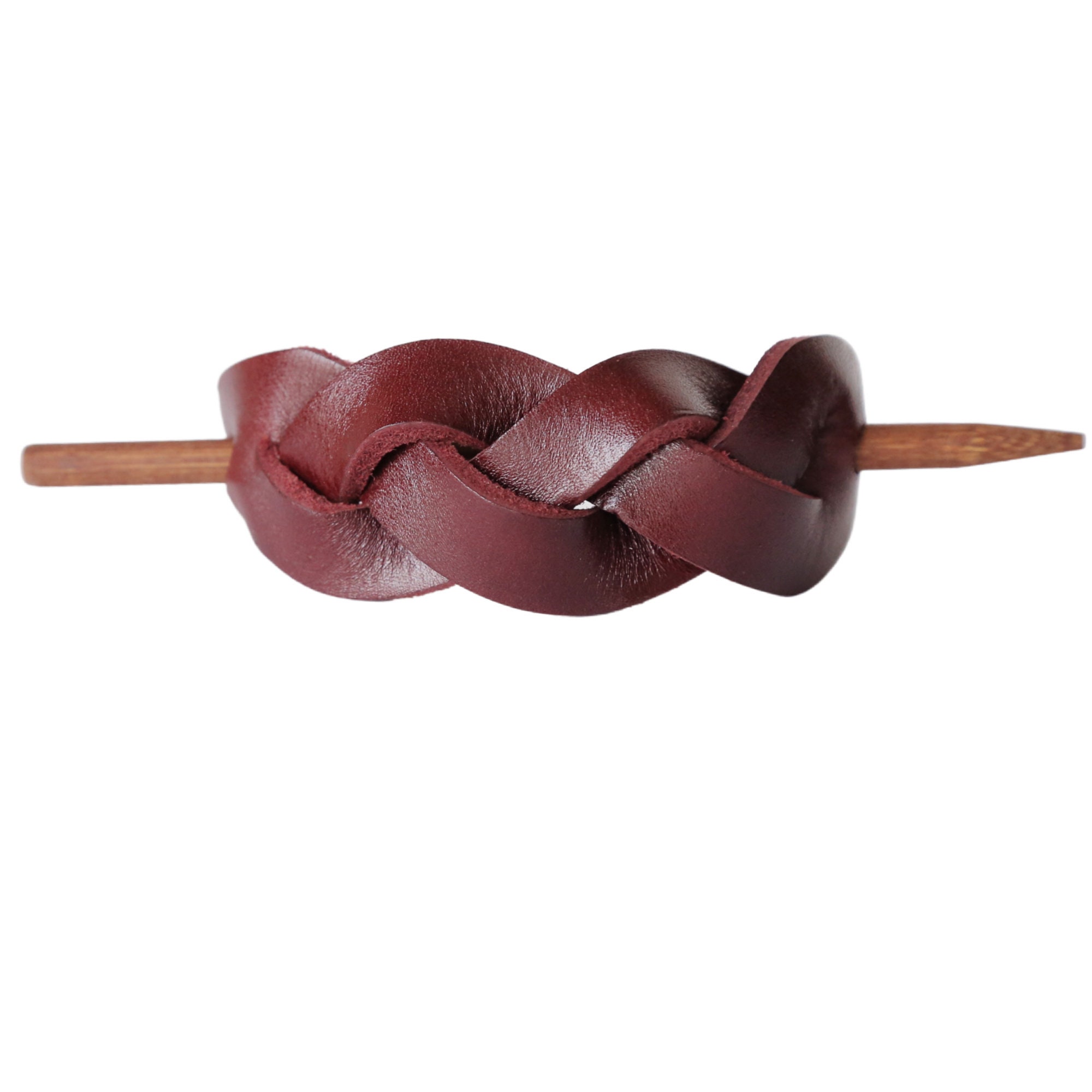 Burgundy Braided Leather Stick Barrette Twisted Hair -