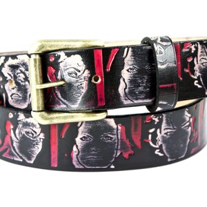 Red and Black Vintage Hollywood female faces Leather Belt with snaps/gifts for her/Tooled belt/vintage cinmea/leading ladies/Marilyn Monroe Brass roller & loop