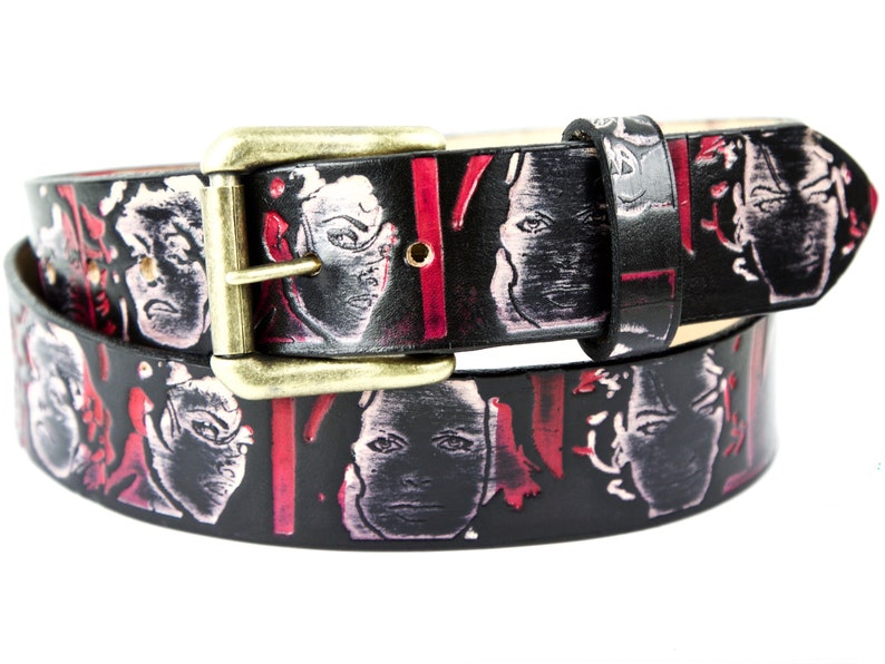 Red and Black Vintage Hollywood female faces Leather Belt with snaps/gifts for her/Tooled belt/vintage cinmea/leading ladies/Marilyn Monroe Brass roller & loop