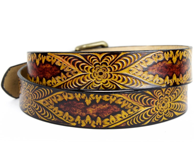 Valentine/'s Day Gift Handcrafted western floral print Good Karma Leather Belt with snap and interchangeable bucklegifts for him