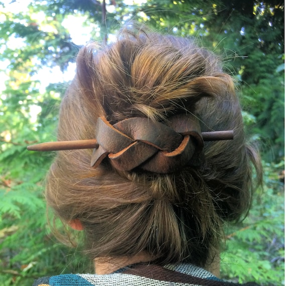 Brown Braided Leather Stick Barrette Twisted Leather Hair Pin
