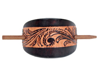 Women's Western Scroll Tooled Leather Hair Barrette - Country Western Hair Accessory - Leather Bun Wrap - Stick Barrette -Leather Hair Slide