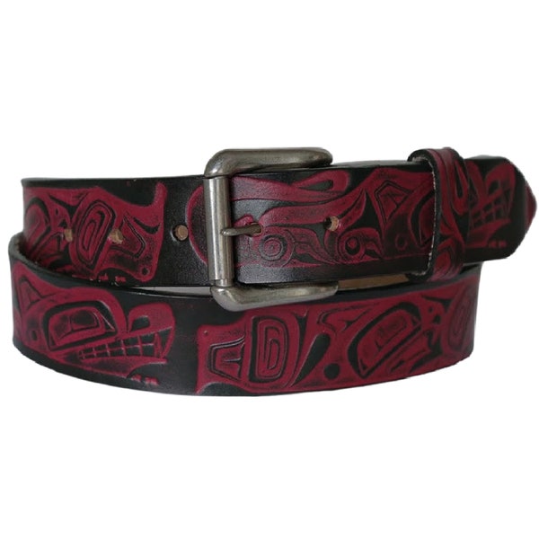 Orca and Wolf Leather Belt with Northwest Native Design - Danny Dennis Art on Leather - Men's Tooled Belt With Snaps - Gift For Him