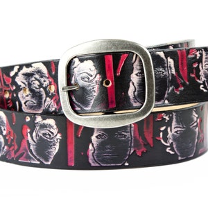 Red and Black Vintage Hollywood female faces Leather Belt with snaps/gifts for her/Tooled belt/vintage cinmea/leading ladies/Marilyn Monroe Silver Buckle