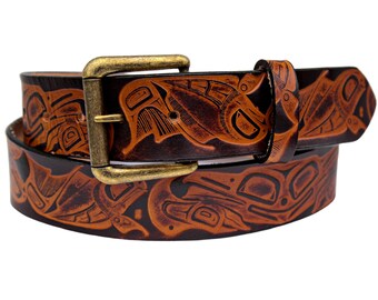 Salmon and Frog Brown Leather Belt with Northwest Native Design - Danny Dennis Art on Leather - Men's Tooled Belt With Snaps - Gift For Him