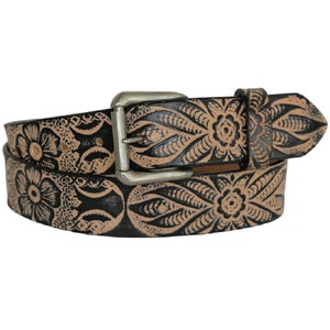 May include: A brown leather belt with a silver buckle. The belt is decorated with a black floral pattern.