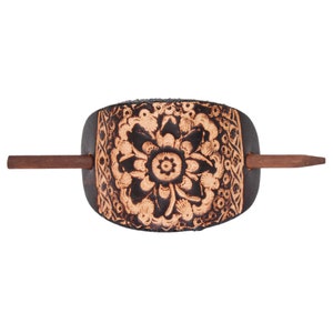 Brown La Tierra Leather Stick Barrette - Floral Leather Hair Pin - Leather Hair Slide - Hippie Hair Accessory - Tooled Leather Hair Pin