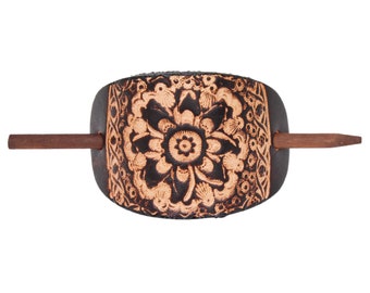 Brown La Tierra Leather Stick Barrette - Floral Leather Hair Pin - Leather Hair Slide - Hippie Hair Accessory - Tooled Leather Hair Pin