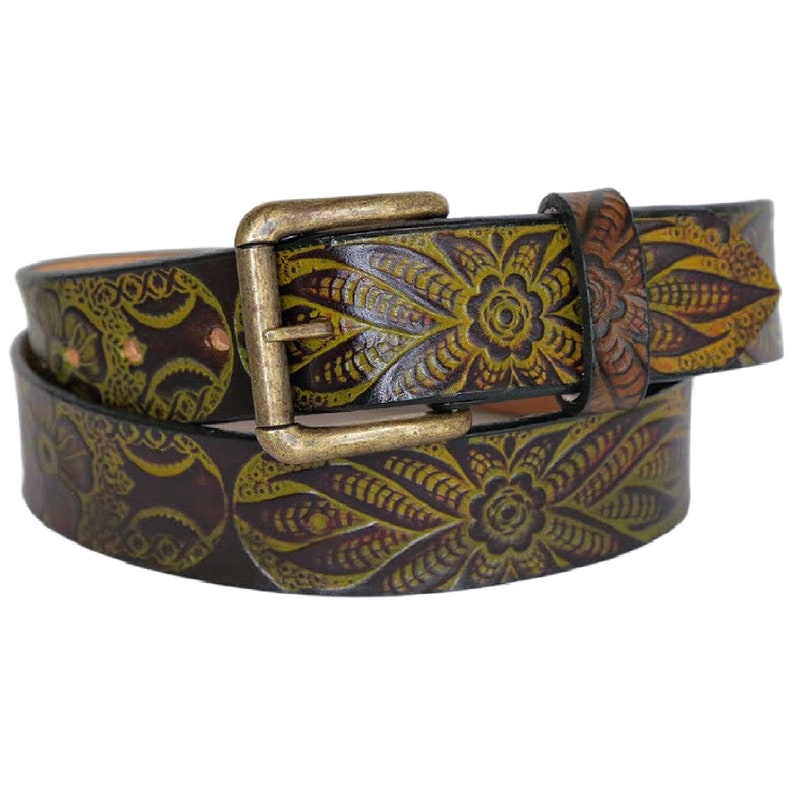 May include: A brown leather belt with an ornate floral design embossed in green and yellow. The belt has a brass buckle.