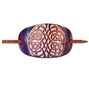 Celtic Crest Leather Stick Barrette - Celtic Interlacing Design Leather Hair Pin - Leather Hair Slide - St. Patrick&#39;s Day Gift