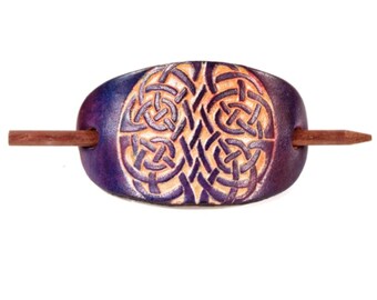 Celtic Crest Leather Stick Barrette - Celtic Interlacing Design Leather Hair Pin - Leather Hair Slide - St. Patrick's Day Gift